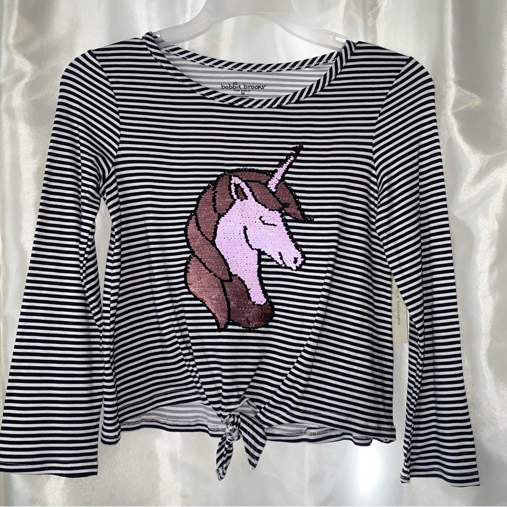 NWT Girls Bejeweled Super Soft Unicorn Sequenced Long Sleeve Shirt w/ Tie Front